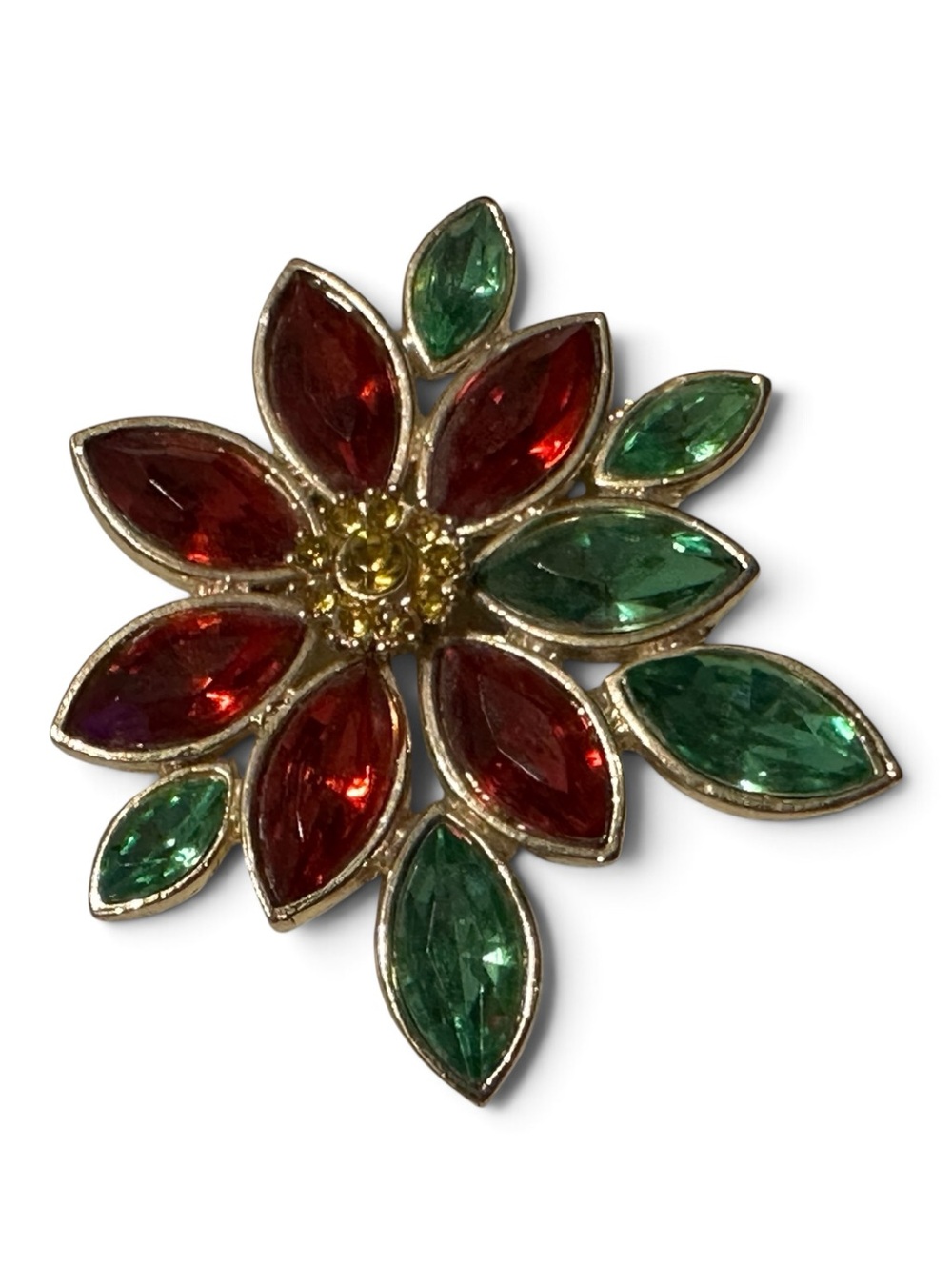 Red Green Rhinestone Poinsettia Christmas Brooch